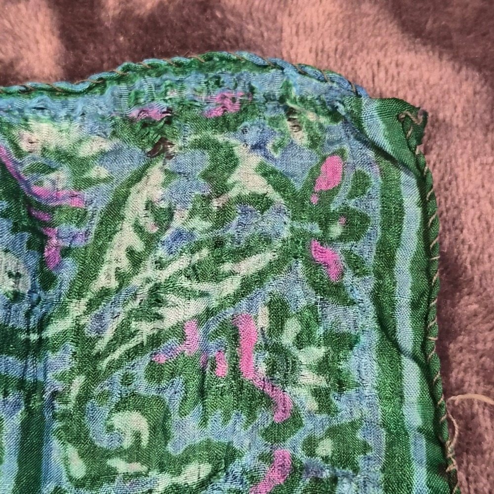 Vintage Silk Square Scarf Green Purple Floral Paisley Block Print 27x27 Thin - Picture 3 of 7